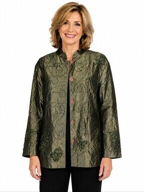 Vintage ANAGE Woman 1X Silk Embellished Beaded Jacket Olive